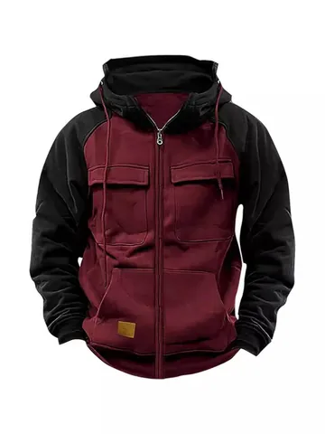 Sudadera con Capucha Workwear para Hombre Multi-Bolsillos Cremallera Bloque de Color Casual Deporte Hoodie Top Chaqueta de Forro Polar