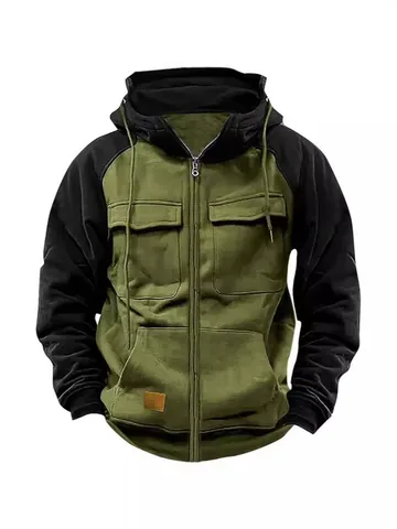 Sudadera con Capucha Workwear para Hombre Multi-Bolsillos Cremallera Bloque de Color Casual Deporte Hoodie Top Chaqueta de Forro Polar