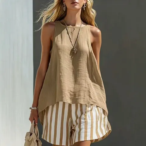 Women Casual Linen Blend Sleeveless Round Neck Top And Vertical Striped Shorts Two Piece Set Summer Loose Beach Outfits