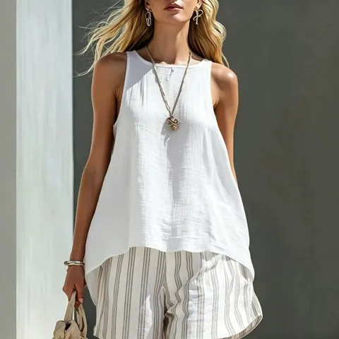 Women Casual Linen Blend Sleeveless Round Neck Top And Vertical Striped Shorts Two Piece Set Summer Loose Beach Outfits