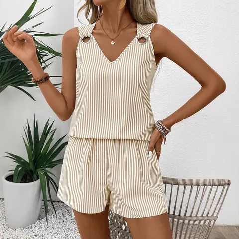 Women's Striped V-Neck Sleeveless Vest Top And Bottom Set Casual Two Piece Shorts Outfit With Metal Ring Accents Summer Vacation