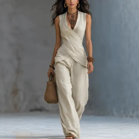 Damen Mode Pendeln Lässig V-Ausschnitt Überkreuz Top Und Bottom Polyester Gewebt Ärmellos Weites Bein Hose Bekleidungsset Für Den Alltag