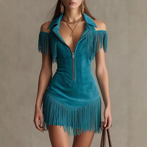 American Vintage Suede Fringe Off-Shoulder Dress Western Y2K Slim Fit Mini Dress With Zipper For Women Streetwear