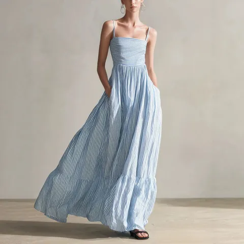 Women Casual Striped Woven Maxi Dress Spaghetti Strap Sleeveless Square Neck High Waist Tiered Flared Swing Long Dress