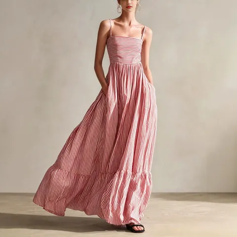 Women Casual Striped Woven Maxi Dress Spaghetti Strap Sleeveless Square Neck High Waist Tiered Flared Swing Long Dress