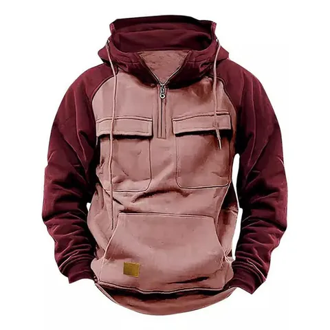 Men Contrast Color Block Half-zip Hoodie Sweatshirt With Multi-pockets Patchwork Design Hooded Fleece Top Sporty Casual Clothing