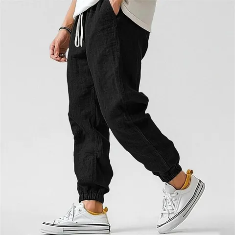 Men Cotton Linen Casual Jogger Pants Elastic Waist Drawstring Straight Leg Solid Color Breathable Summer Trousers Top And Bottom