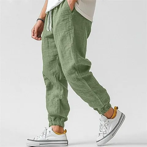 Men Cotton Linen Casual Jogger Pants Elastic Waist Drawstring Straight Leg Solid Color Breathable Summer Trousers Top And Bottom