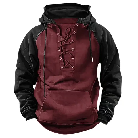 Men's American Retro Color Block Hooded Sweatshirt Fleece Lined Pullover Top Casual Workwear Patchwork Hoodie Long Sleeve Winter Jacket