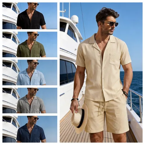 Men Casual Cotton Linen Short Sleeve Shirt Shorts Set Summer Loose Beach Vacation Top And Bottom Solid Color Lapel Cardigan Outfits