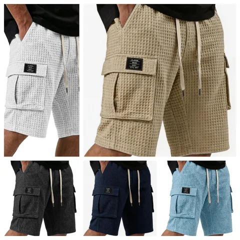 Men's Casual Waffle Knit Cargo Shorts Summer Loose Straight Leg Mid-Length Drawstring Elastic Waist Shorts With Pockets For Men