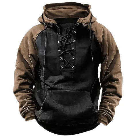 Men's American Retro Color Block Hooded Sweatshirt Fleece Lined Pullover Top Casual Workwear Patchwork Hoodie Long Sleeve Winter Jacket