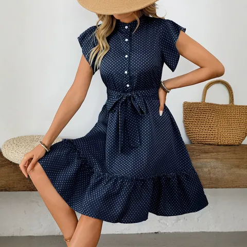 Women's Vacation Polka Dot Dress Ruffle Short Sleeve Button Front Tie Waist A-Line Midi Dress Elegant Summer Fashion Outfits Top And Bottom