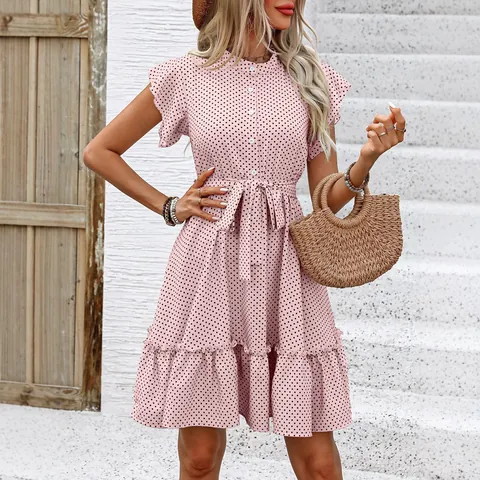Women's Vacation Polka Dot Dress Ruffle Short Sleeve Button Front Tie Waist A-Line Midi Dress Elegant Summer Fashion Outfits Top And Bottom