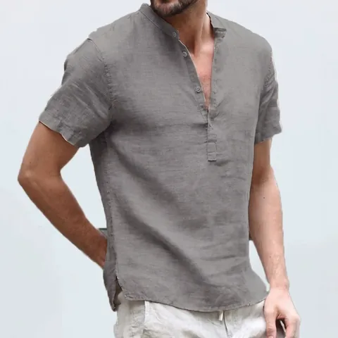 Men's Cotton Linen Henley Shirt Short Sleeve Stand Collar Button Up Casual Summer Solid Color Breathable Loose Top