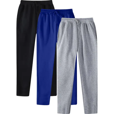 Men Casual Fleece Lined Sweatpants Minimalist Sporty Straight Leg Solid Color Drawstring Waist Warm Athletic Pants