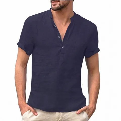 Men's Cotton Linen Henley Shirt Short Sleeve Stand Collar Button Up Casual Summer Solid Color Breathable Loose Top