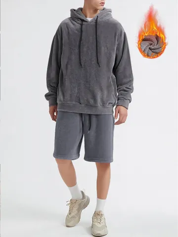 Men's Autumn Winter Coral Fleece Hooded Sweatshirt And Shorts Set Plus Size Warm Casual Long Sleeve Hoodie Top And Bottom