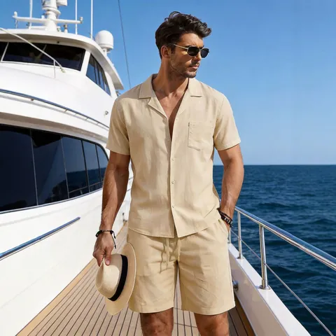 Men Casual Cotton Linen Short Sleeve Shirt Shorts Set Summer Loose Beach Vacation Top And Bottom Solid Color Lapel Cardigan Outfits