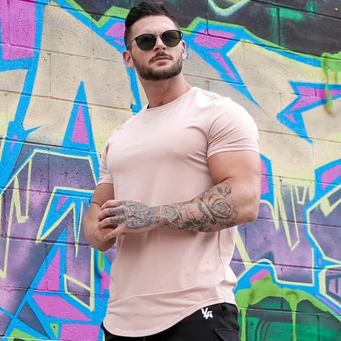 Men Cotton T-Shirt Short Sleeve Round Neck Curved Hem Solid Color Muscle Fit Summer Casual Sports Streetwear Trend Top