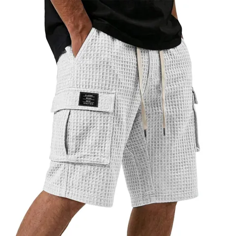 Men's Casual Waffle Knit Cargo Shorts Summer Loose Straight Leg Mid-Length Drawstring Elastic Waist Shorts With Pockets For Men