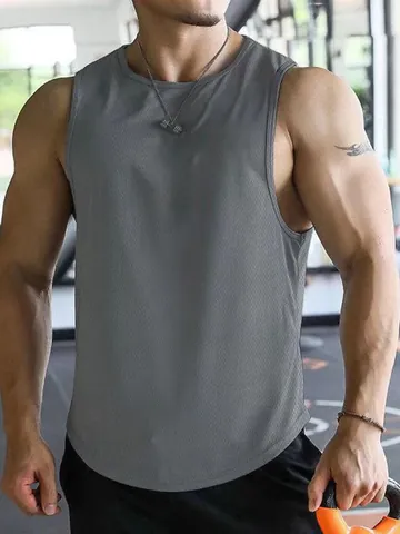 Men's Quick Dry Mesh Sports Tank Top Sleeveless Breathable Workout Running Athletic Vest Curved Hem Polyester Gym Training Top