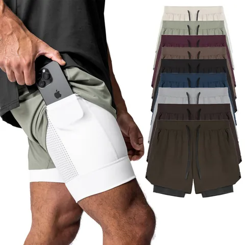 Herren Doppelschicht Laufshorts Nylon Elastan Schnelltrocknend Fitness Training Shorts Mit Handytasche Handtuchschlaufe Bottom Sportshorts