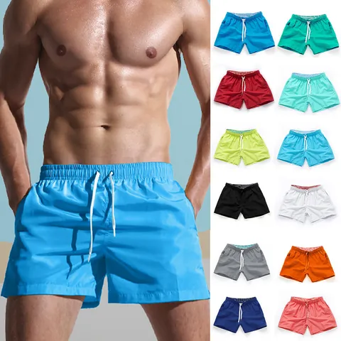 Men's Quick Dry Beach Shorts Summer Solid Color Swim Trunks For Surfing Running Casual Sports Bottom With Pockets And Drawstring