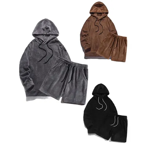 Herren Lässig Locker Kapuzenpullover Und Shorts Outfit Herbst Winter Thermisch Polyester Korallenvlies Langarm Top Und Bottom