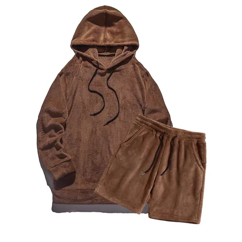 Herren Lässig Locker Kapuzenpullover Und Shorts Outfit Herbst Winter Thermisch Polyester Korallenvlies Langarm Top Und Bottom