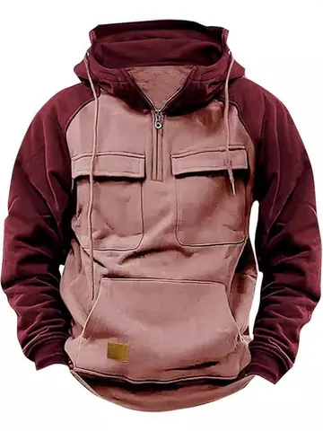 Herren Patchwork Kapuzenpullover Amerikanischer Stil Fleece Gefüttert Stehkragen Halb Reißverschluss Pullover Mit Mehreren Taschen Top