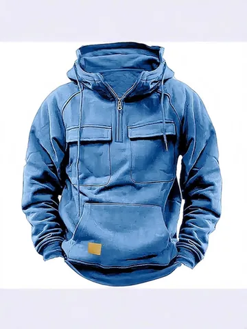 Men's Workwear Fleece Hoodie Heavyweight Quarter Zip Jacket Solid Color Loose Fit Casual Sweatshirt With Pockets Autumn Winter Top