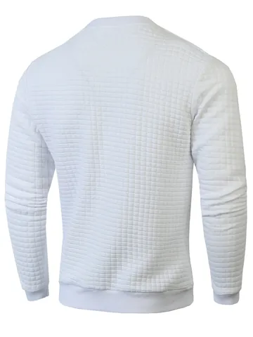 Men's Round Neck Long Sleeve T-Shirt Quilted Grid Texture Casual Slim Fit Pullover Polyester Base Layer Autumn Winter Top