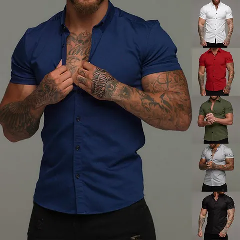 Men Muscle Fit Stretchy Short Sleeve Shirt Casual Solid Lapel Button Down Sports Fitness Top Polyester Non-Iron Dress Shirt