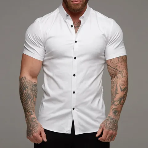 Men Muscle Fit Stretchy Short Sleeve Shirt Casual Solid Lapel Button Down Sports Fitness Top Polyester Non-Iron Dress Shirt