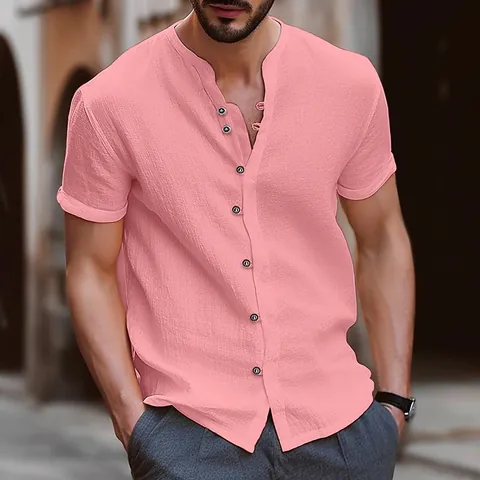 Chemise Henley Décontractée en Coton pour Hommes Vintage Bouton Manches Courtes Été Respirant Coupe Ample Couleur Unie Haut Mode