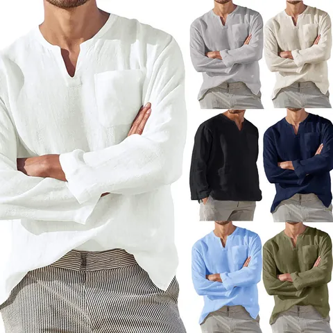 Men's Casual Cotton Linen Long Sleeve Shirt V-Neck Beach Henley Top Breathable Solid Color Loose Fit Shirt With Pocket