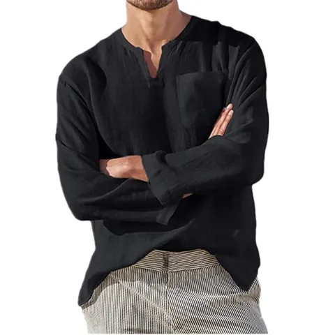 Men's Casual Cotton Linen Long Sleeve Shirt V-Neck Beach Henley Top Breathable Solid Color Loose Fit Shirt With Pocket