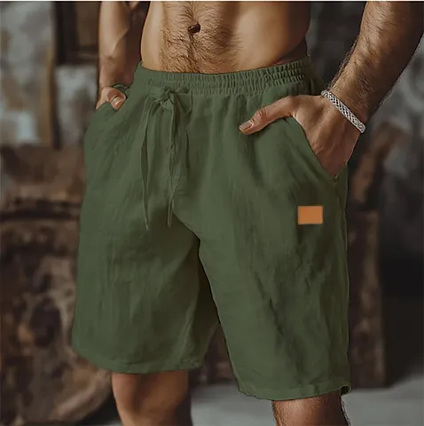 Men's Casual Cotton Linen Shorts Drawstring Elastic Waist Straight Leg Breathable Solid Color Summer Beach Five-Point Pants