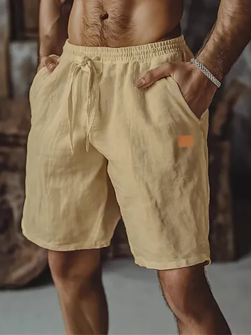 Men Casual Polyester Shorts Linen Texture Drawstring Elastic Waist Straight Leg Patchwork Beach Bottom For Summer Daily