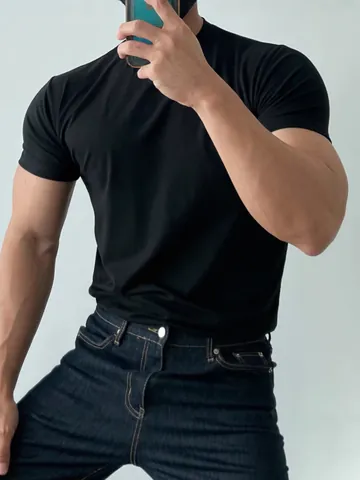 Men Fitness Gym Short Sleeve T-Shirt High Elastic Cotton Breathable Training Top Slim Fit Muscle Cut Crew Neck Tee Workout Apparel