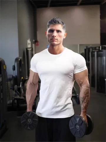Men Slim Fit Cotton Stretch T-Shirt Round Neck Sport Muscle Tee Breathable Short Sleeve Summer Gym Top