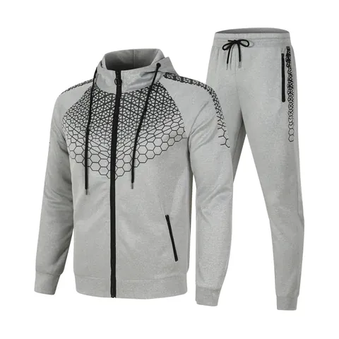 Men's Sportswear Tracksuit Set Hooded Zipper Jacket And Jogger Pants Printed Honeycomb Geometric Pattern Casual Outfit Top And Bottom