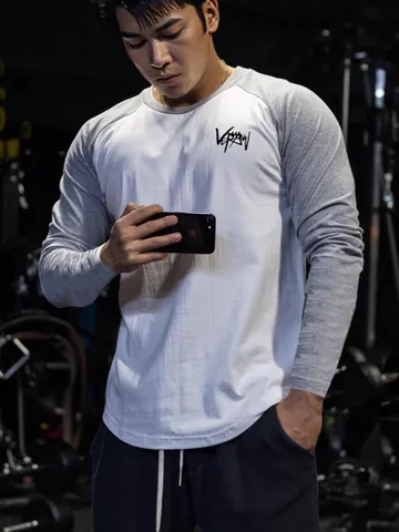 Men Sporty Casual Cotton Raglan Sleeve Long Sleeve T-Shirt Color Block Slim Fit Round Neck Breathable Fitness Gym Top