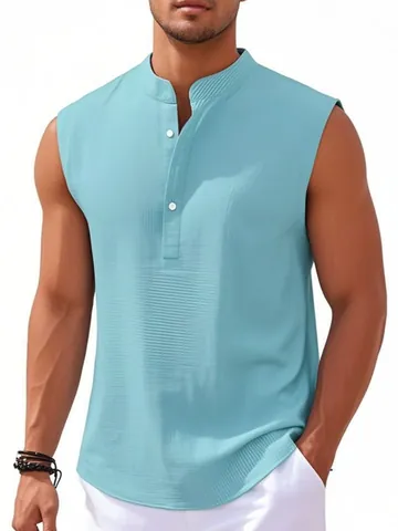 Men's Sleeveless Shirt Stand Collar Polyester Striped Texture Henley Top Casual Summer Breathable Button Down Fashion Vest