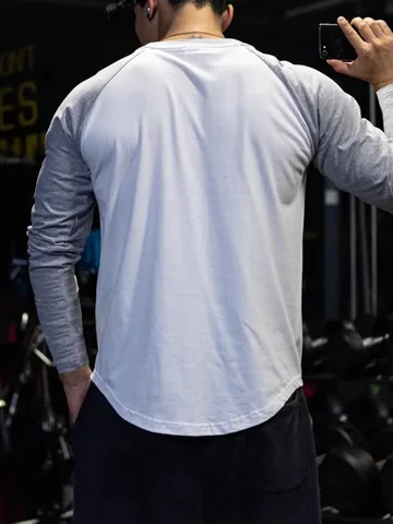 Men Sporty Casual Cotton Raglan Sleeve Long Sleeve T-Shirt Color Block Slim Fit Round Neck Breathable Fitness Gym Top