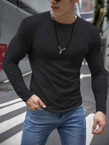 Herren Waffelstrick Slim Fit Muscle Langarm T-Shirt Lässig Rundhals Pullover Einfarbig Unterhemd Oberteil
