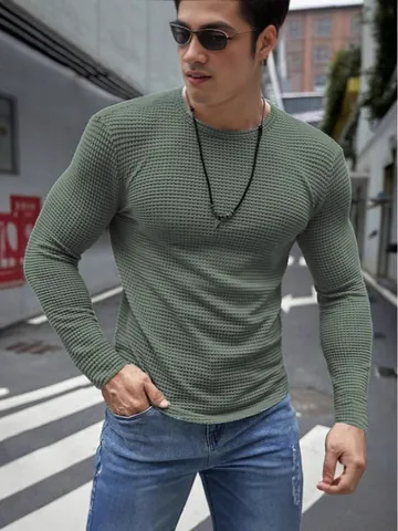 Herren Waffelstrick Slim Fit Muscle Langarm T-Shirt Lässig Rundhals Pullover Einfarbig Unterhemd Oberteil