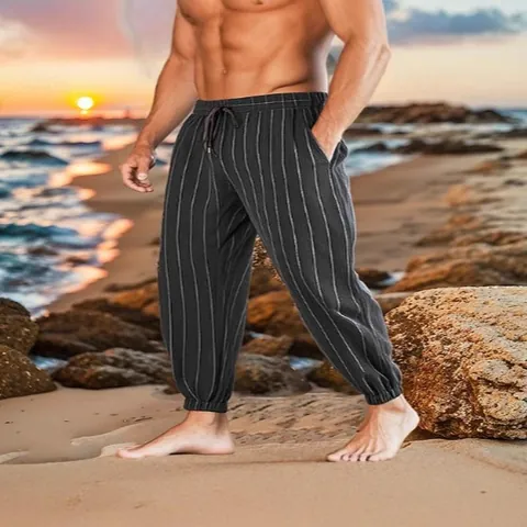 Men Linen Striped Casual Pants Breathable Lightweight Summer Beach Joggers Loose Fit Drawstring Waist Trousers Sweatpants