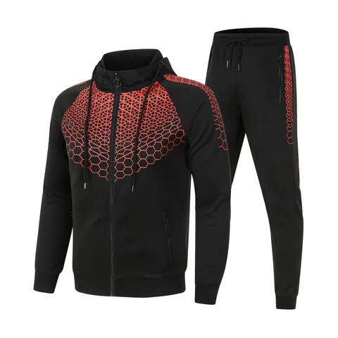 Men's Sportswear Tracksuit Set Hooded Zipper Jacket And Jogger Pants Printed Honeycomb Geometric Pattern Casual Outfit Top And Bottom